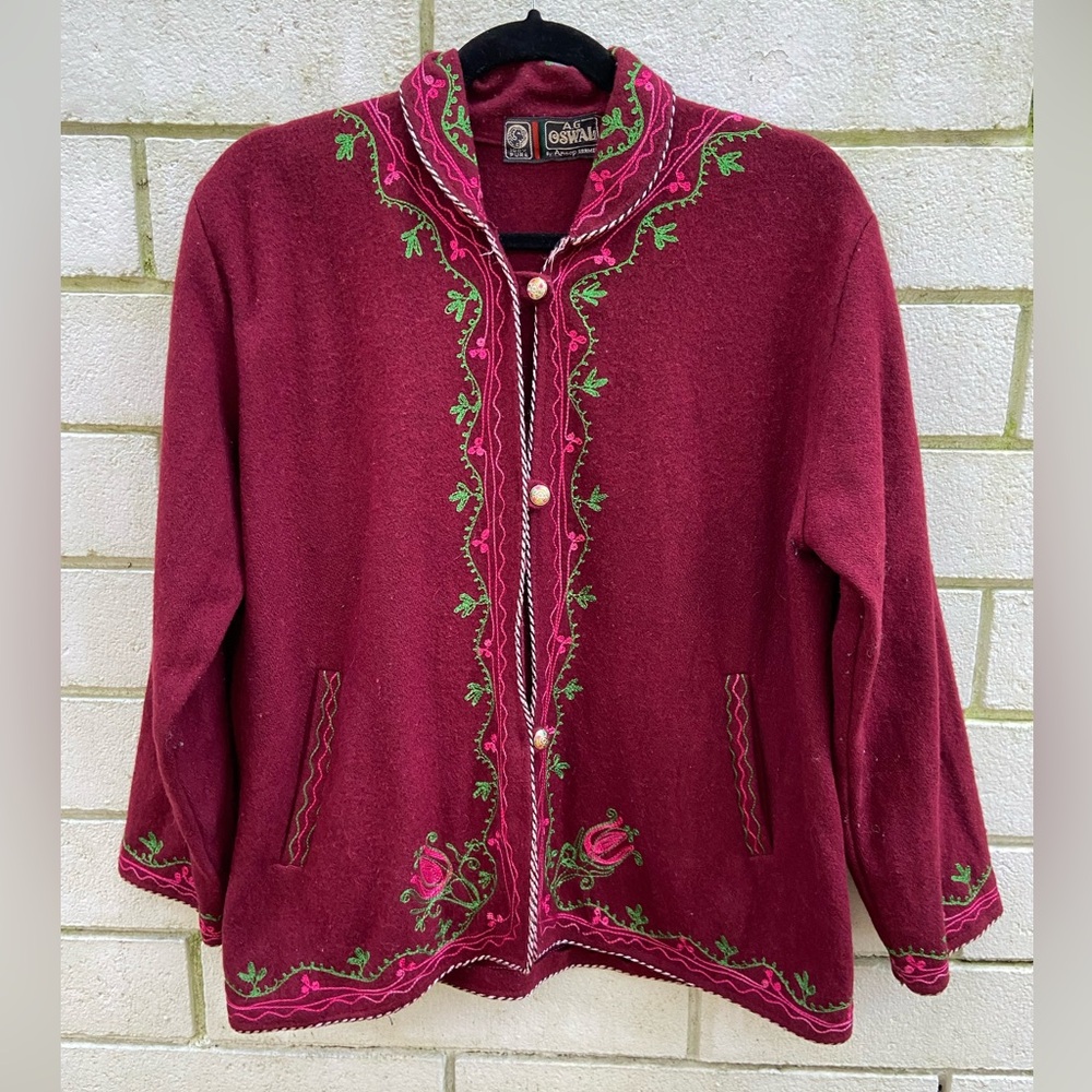 Vintage 1960s Embroidered Wool Jacket: Raspberry Floral Bohemian Size Medium